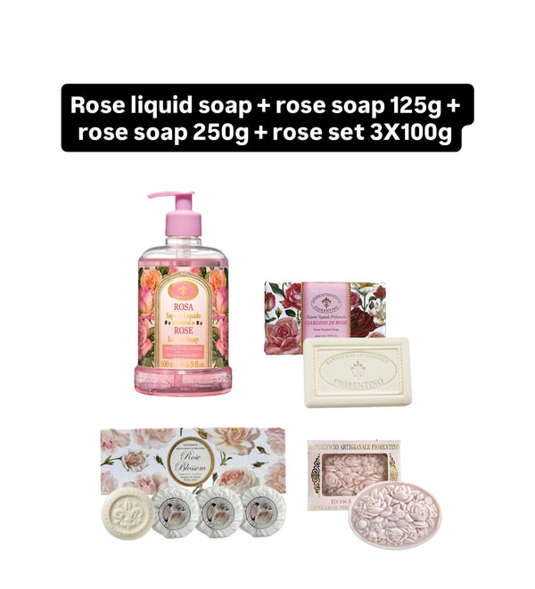 Rose liquid soap 500ml + Rose soap 250g + Rose soap 125g + Rose 3x100g (3 pcs)